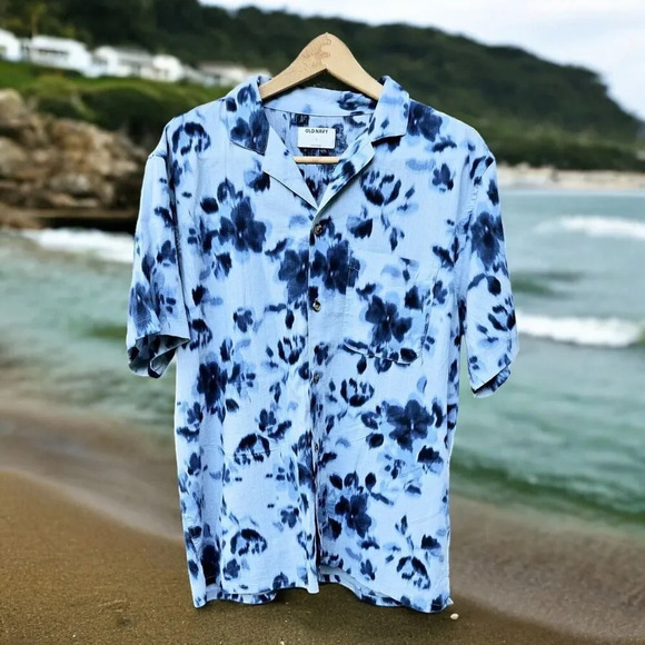 Old Navy Blue Hawaiian Tye Die Shirt Men L Short Sleeve Slub Knit Camp - Picture 1 of 8